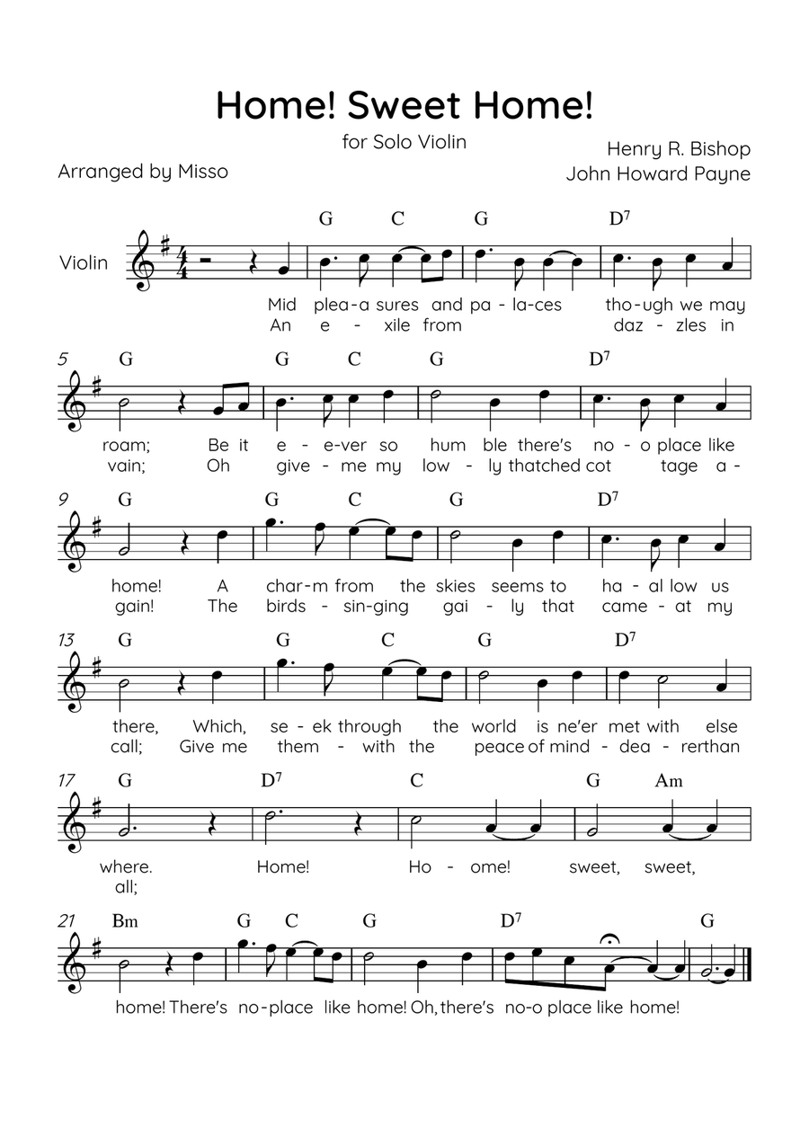 Home! Sweet Home! - Violin Solo in G Major - Lyrics & Chords - Easy Level Sheet Music Violin Solo scores gallery preview page 1