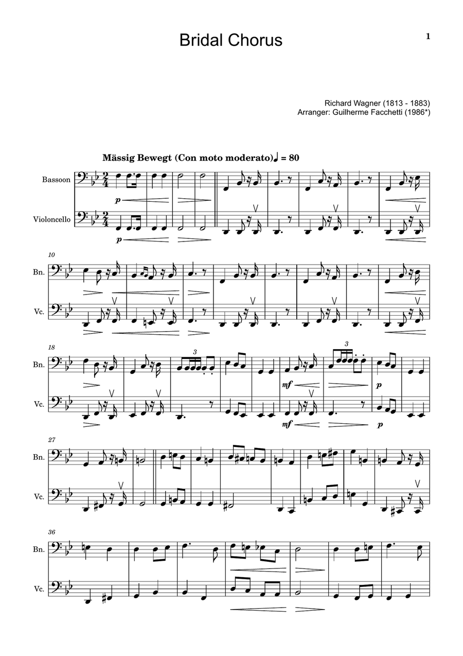 Bridal Chorus. R. Wagner - Arranged for Bassoon and Cello Chamber Music scores gallery preview page 1