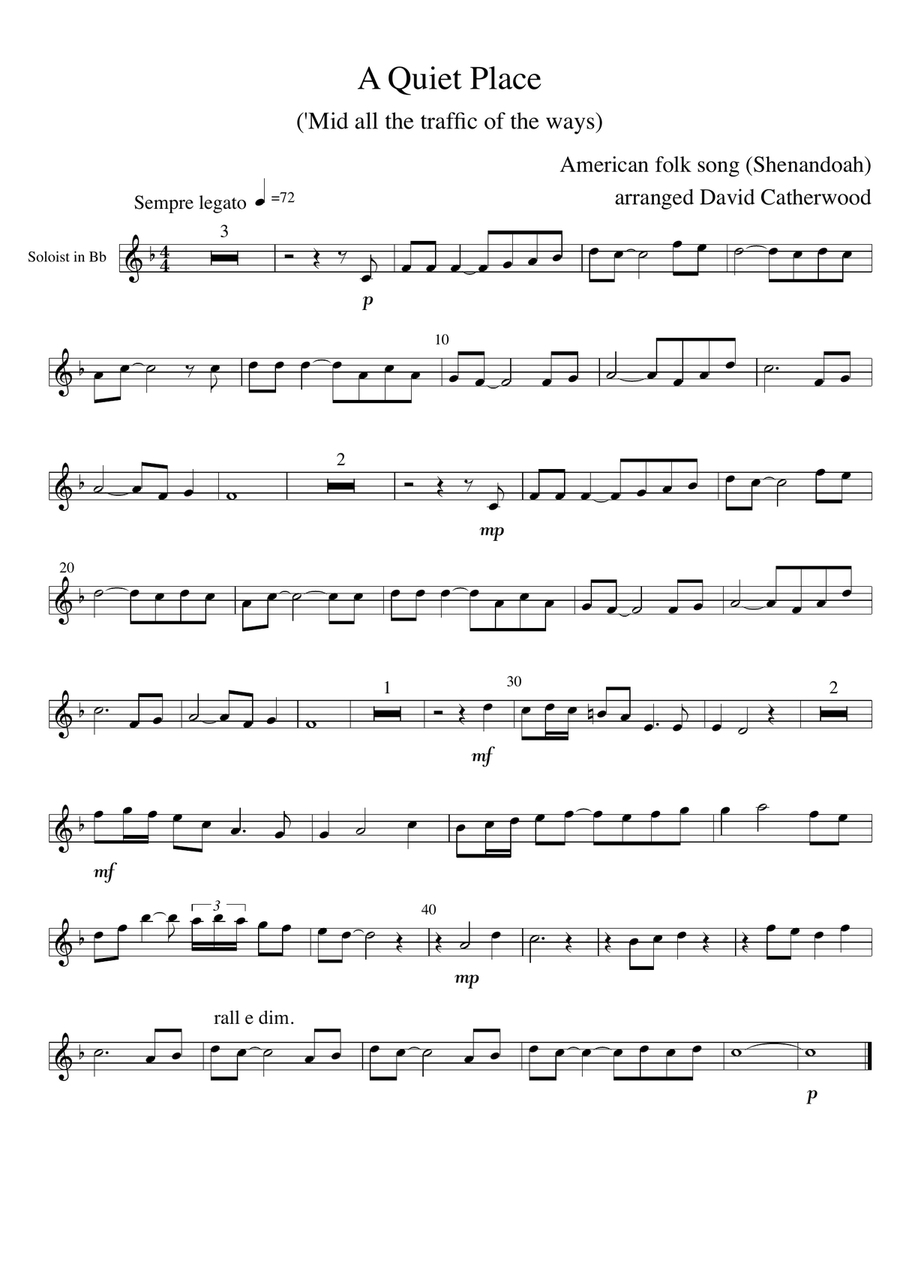 Cornet solo - A Quiet Place (based on the tune Shenandoah) Also suitable for Trumpet in Bb Cornet scores gallery preview page 1