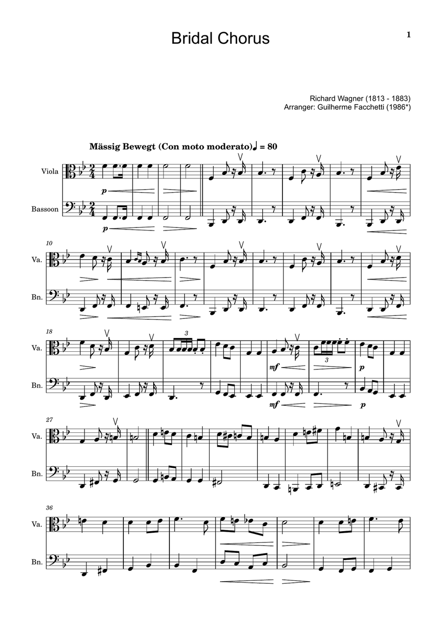 Bridal Chorus. R. Wagner - Arranged for Viola and Bassoon Chamber Music scores gallery preview page 1