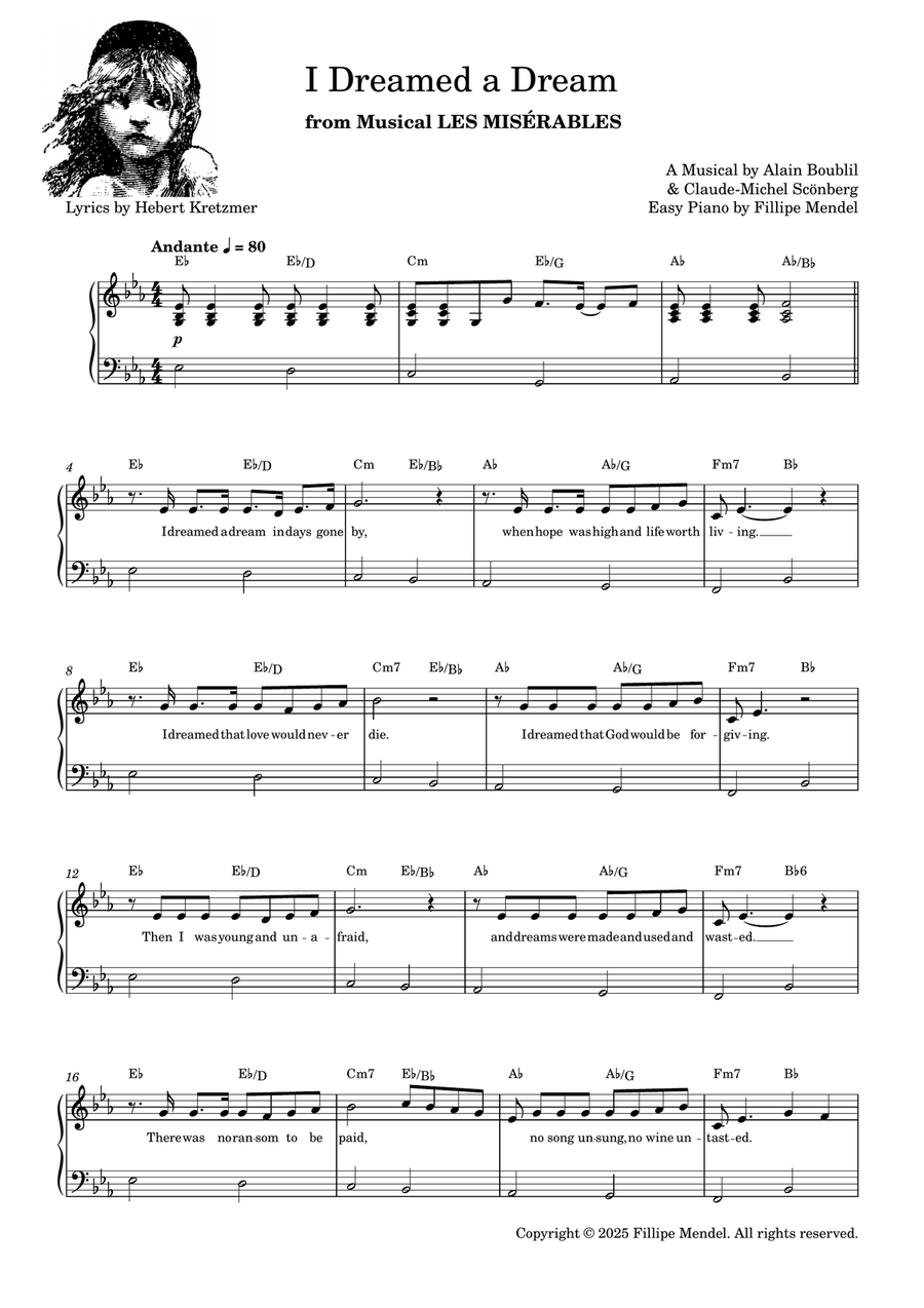 I Dreamed a Dream from Musical Les Miserábles (easy piano) Piano, Vocal scores gallery preview page 1
