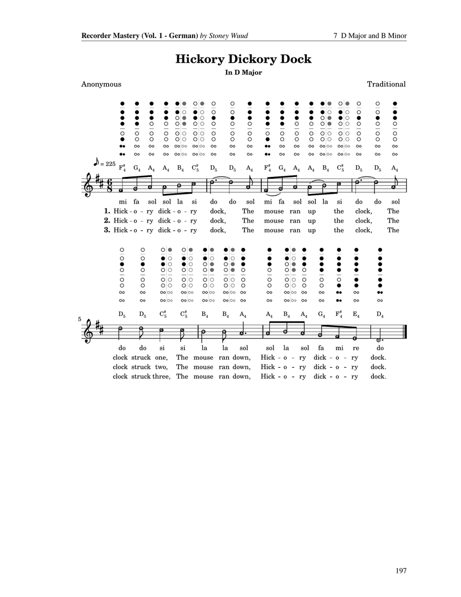 Hickory Dickory Dock - Recorder Fingering & Solfège (D Major, German Fingering) Soprano Recorder scores gallery preview page 1