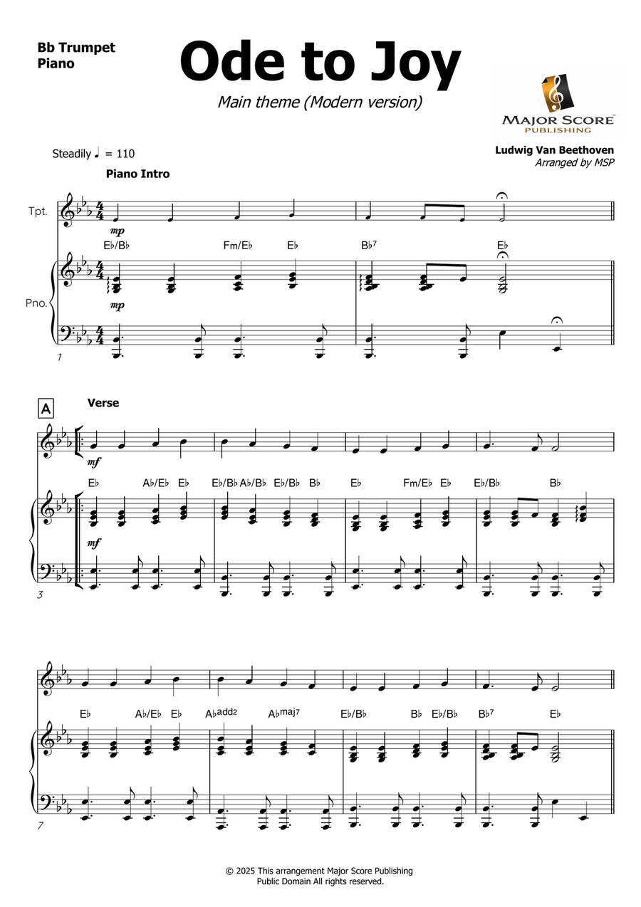 Ode to Joy (Modern version) B-Flat Trumpet scores gallery preview page 2
