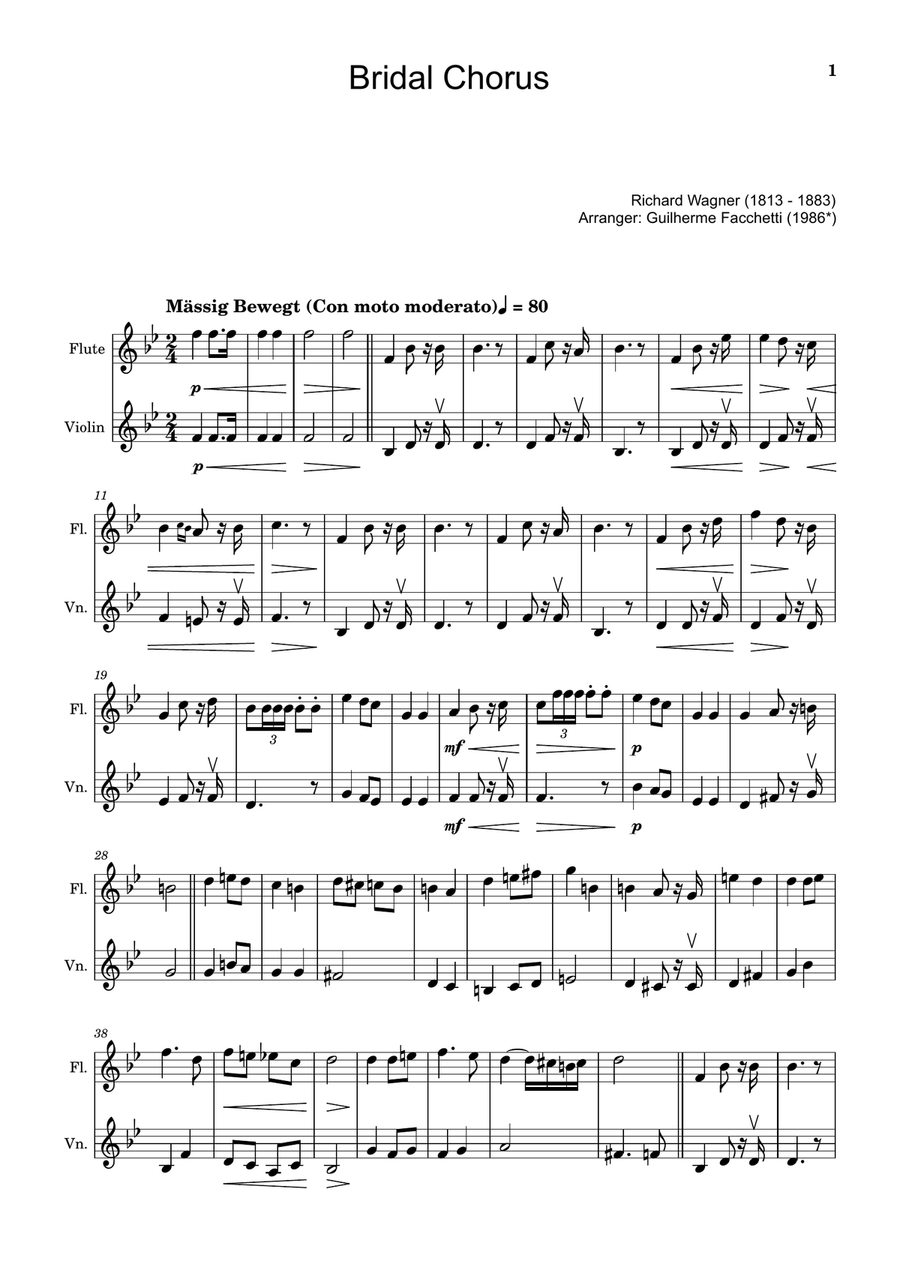 Bridal Chorus. R. Wagner - Arranged for Flute and Violin Chamber Music scores gallery preview page 1