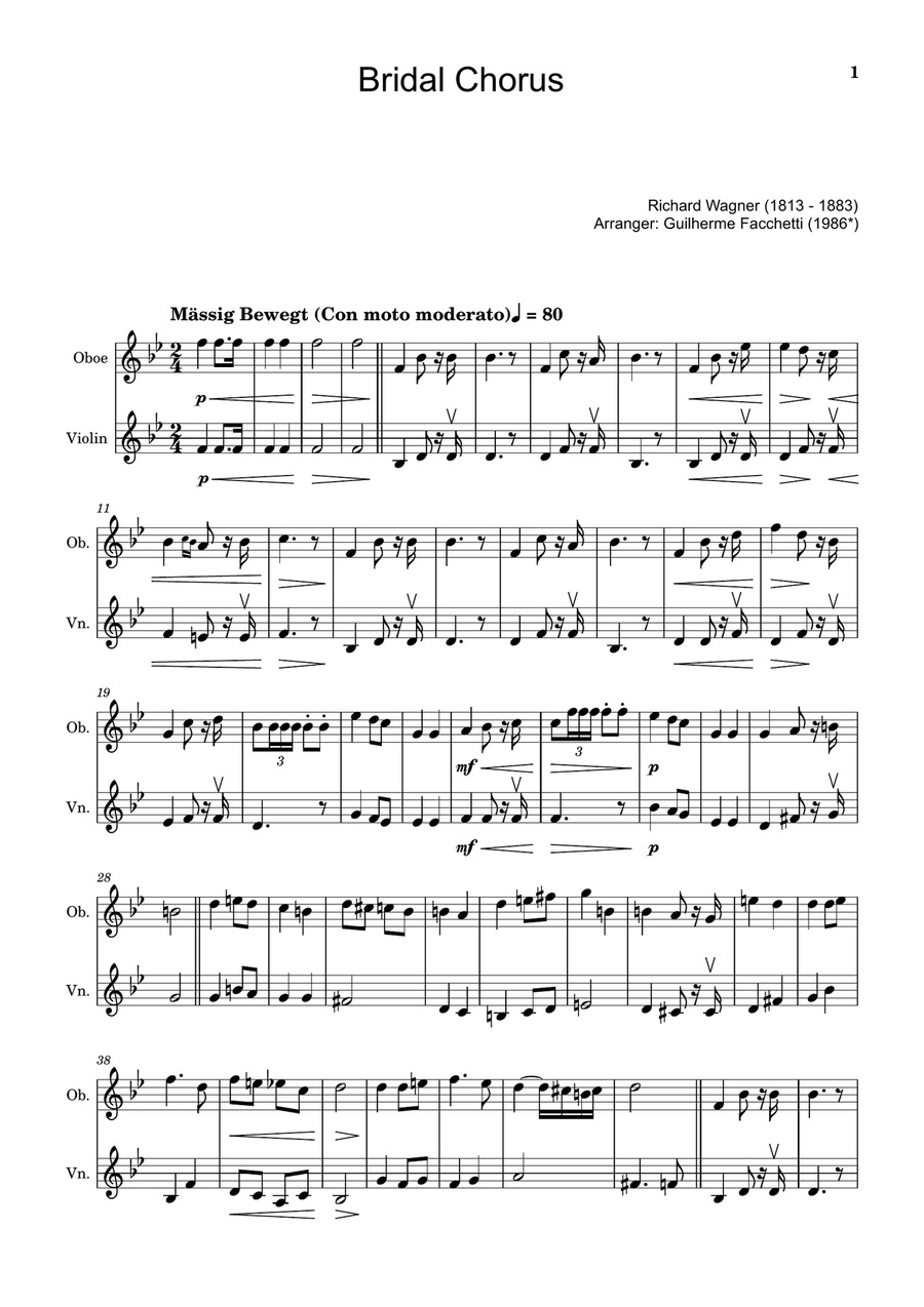 Bridal Chorus. R. Wagner - Arranged for Oboe and Violin Chamber Music scores gallery preview page 1