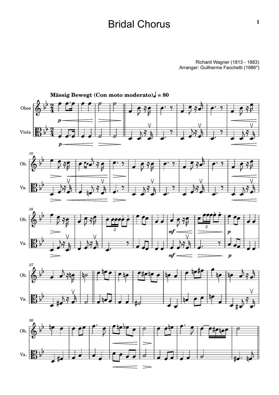 Bridal Chorus. R. Wagner - Arranged for Oboe and Viola Chamber Music scores gallery preview page 1