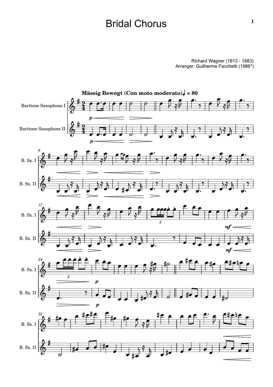 Bridal Chorus. R. Wagner - Arranged for B. Sax. Duet Woodwind Duet scores gallery preview page 1