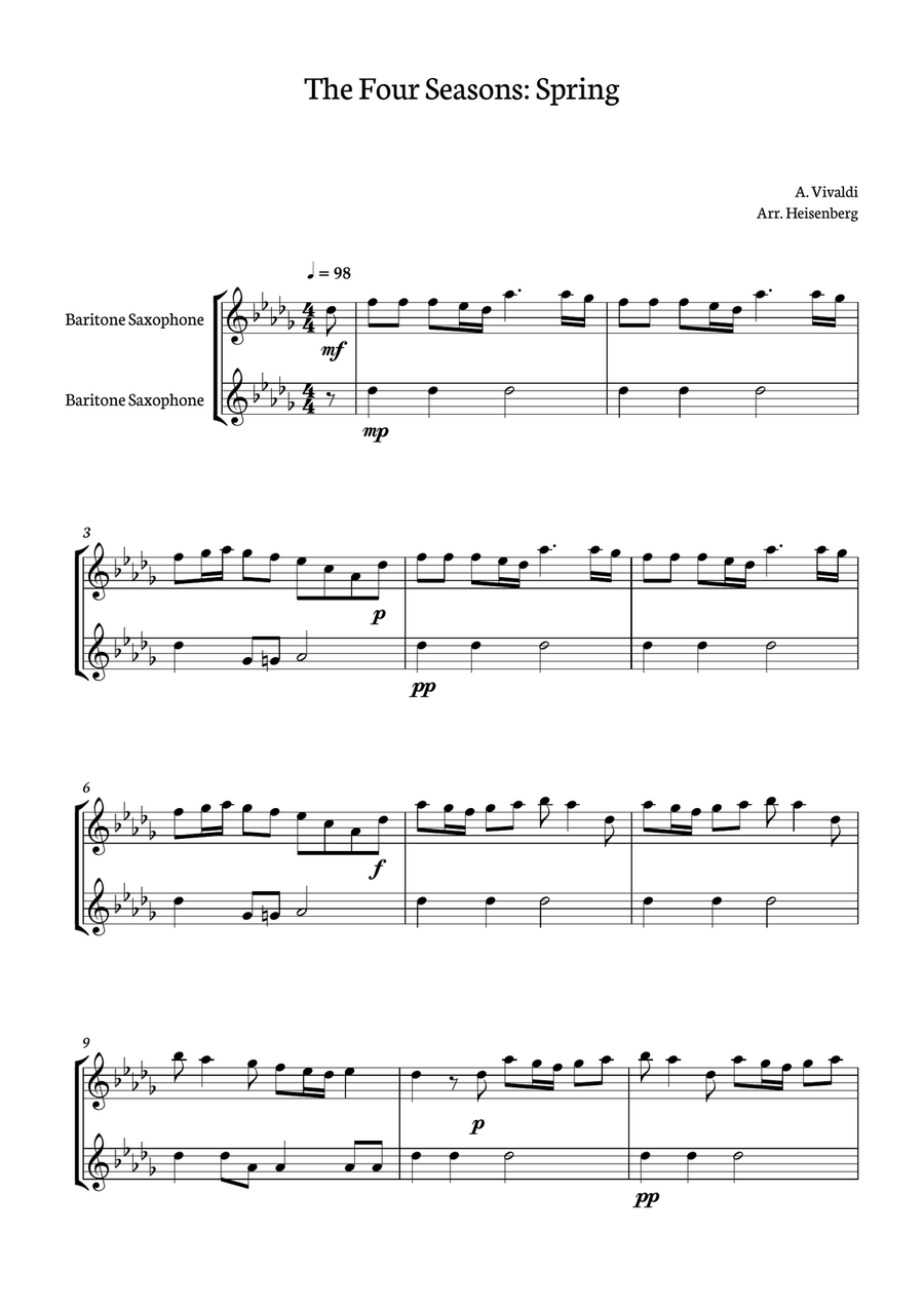 Spring - 4 Seasons A. Vivaldi for Baritone Saxophone Duo - Original key - Score and parts included Woodwind Duet scores gallery preview page 1