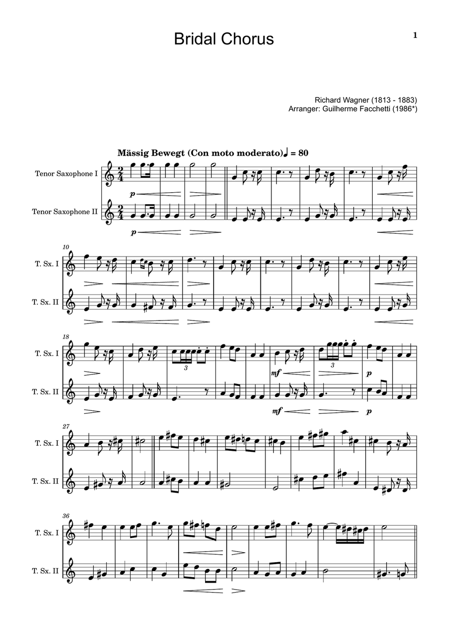 Bridal Chorus. R. Wagner - Arranged for T. Sax. Duet Woodwind Duet scores gallery preview page 1