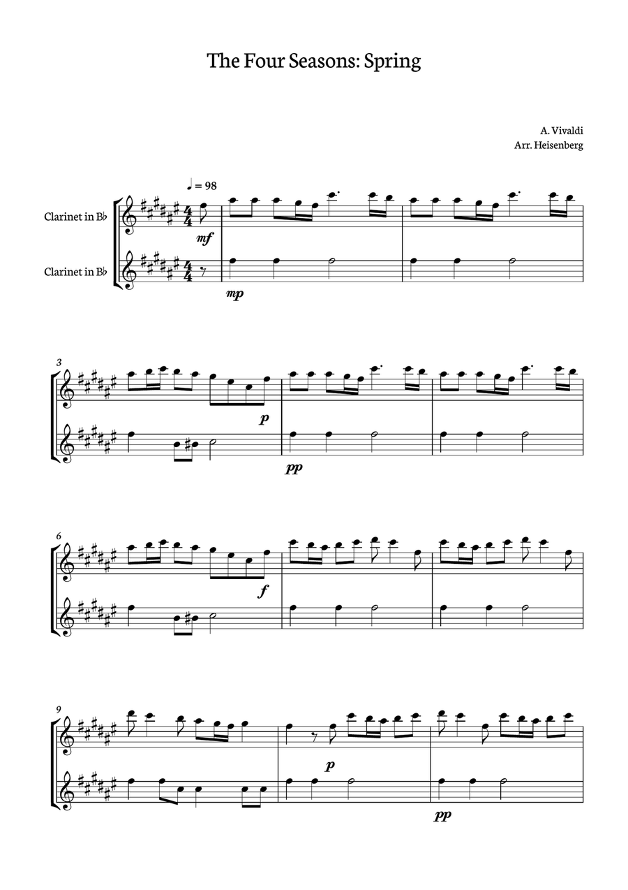 Spring - 4 Seasons A. Vivaldi for Clarinet Duo - Original key - Score and parts included Clarinet Duet scores gallery preview page 1