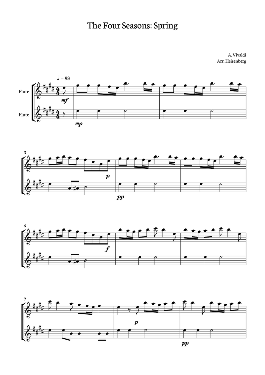 Spring - 4 Seasons A. Vivaldi for Flute Duo - Original key - Score and parts included Flute Duet scores gallery preview page 1