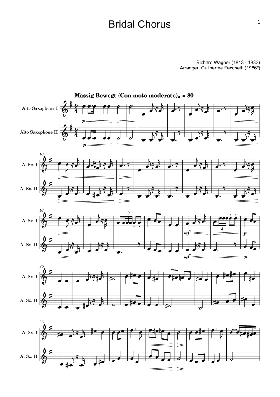 Bridal Chorus. R. Wagner - Arranged for A. Sax. Duet Woodwind Duet scores gallery preview page 1