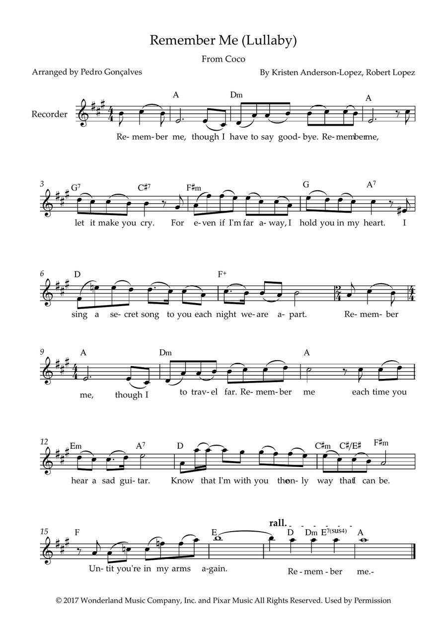 Remember Me (Lullaby) Remember Me (Lullaby) Soprano Recorder scores gallery preview page 1
