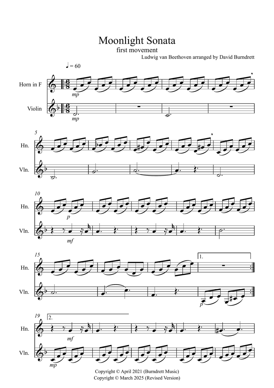 Moonlight Sonata for (1st movement) for Horn and Violin Duet Horn scores gallery preview page 1