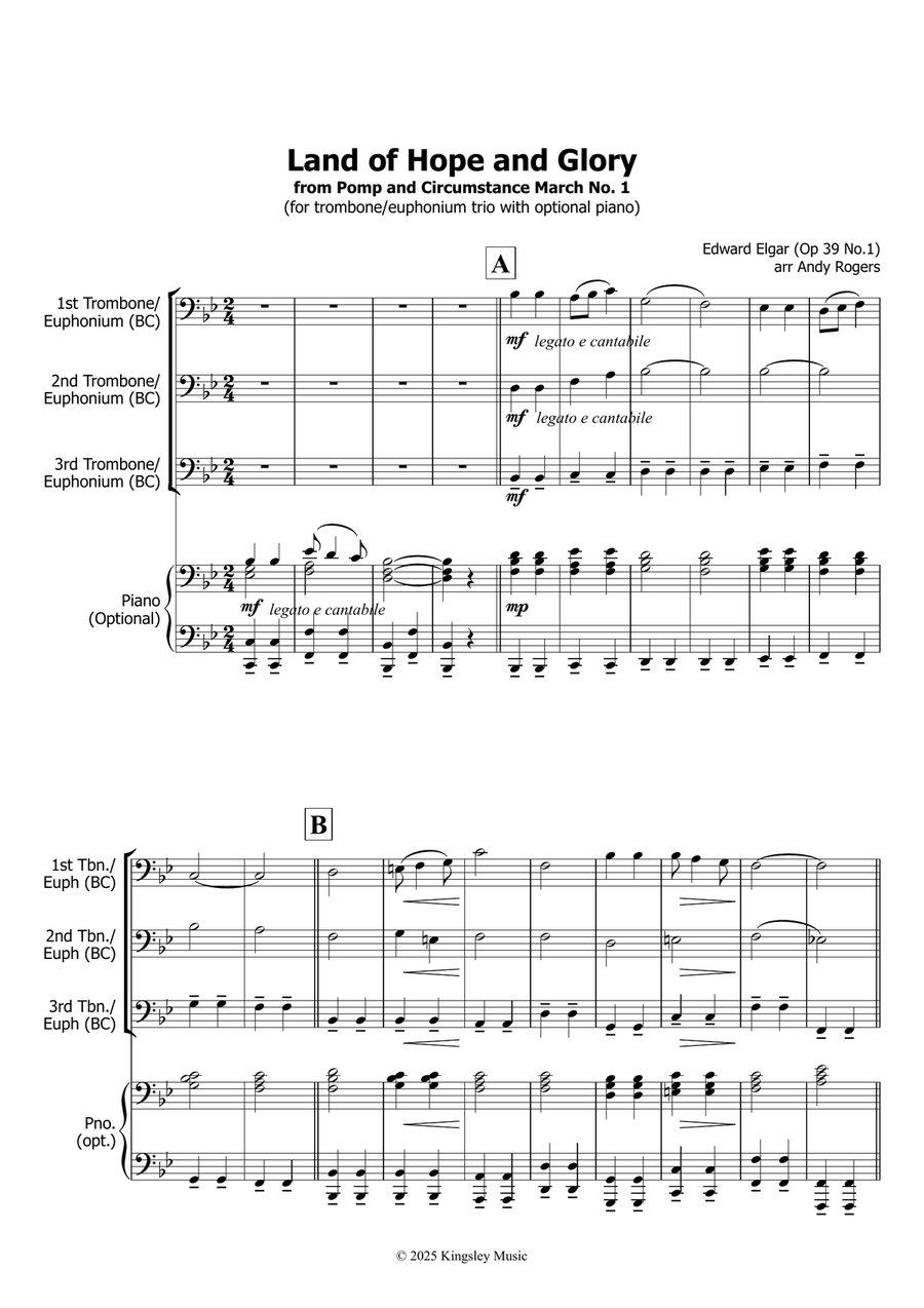 Land of Hope and Glory (Trombone or Euphonium trio with optional piano) Trombone Trio scores gallery preview page 1