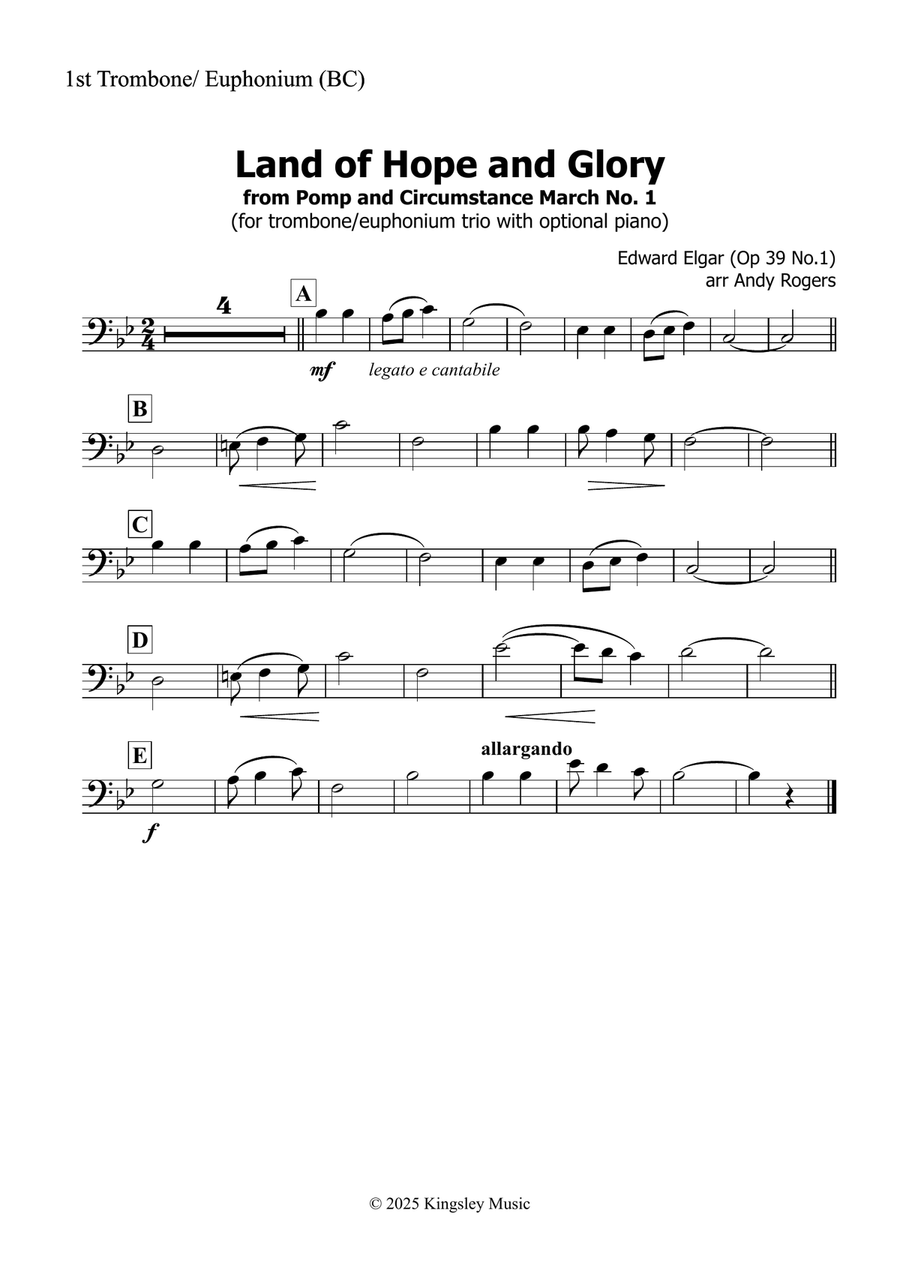 Land of Hope and Glory (Trombone or Euphonium trio with optional piano) Trombone Trio scores gallery preview page 3