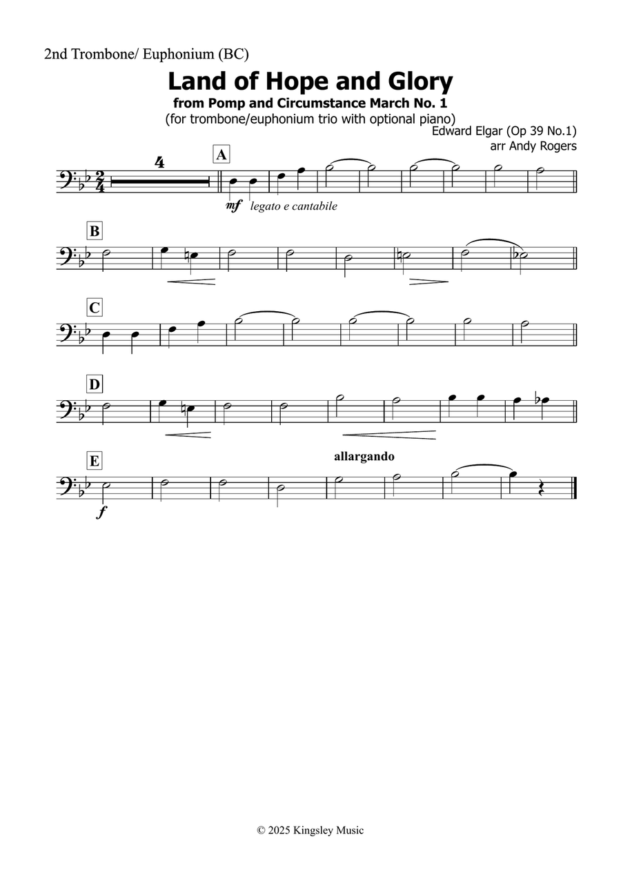 Land of Hope and Glory (Trombone or Euphonium trio with optional piano) Trombone Trio scores gallery preview page 4