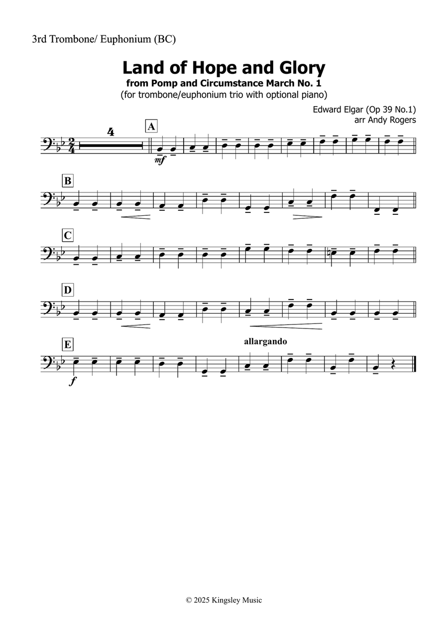 Land of Hope and Glory (Trombone or Euphonium trio with optional piano) Trombone Trio scores gallery preview page 5
