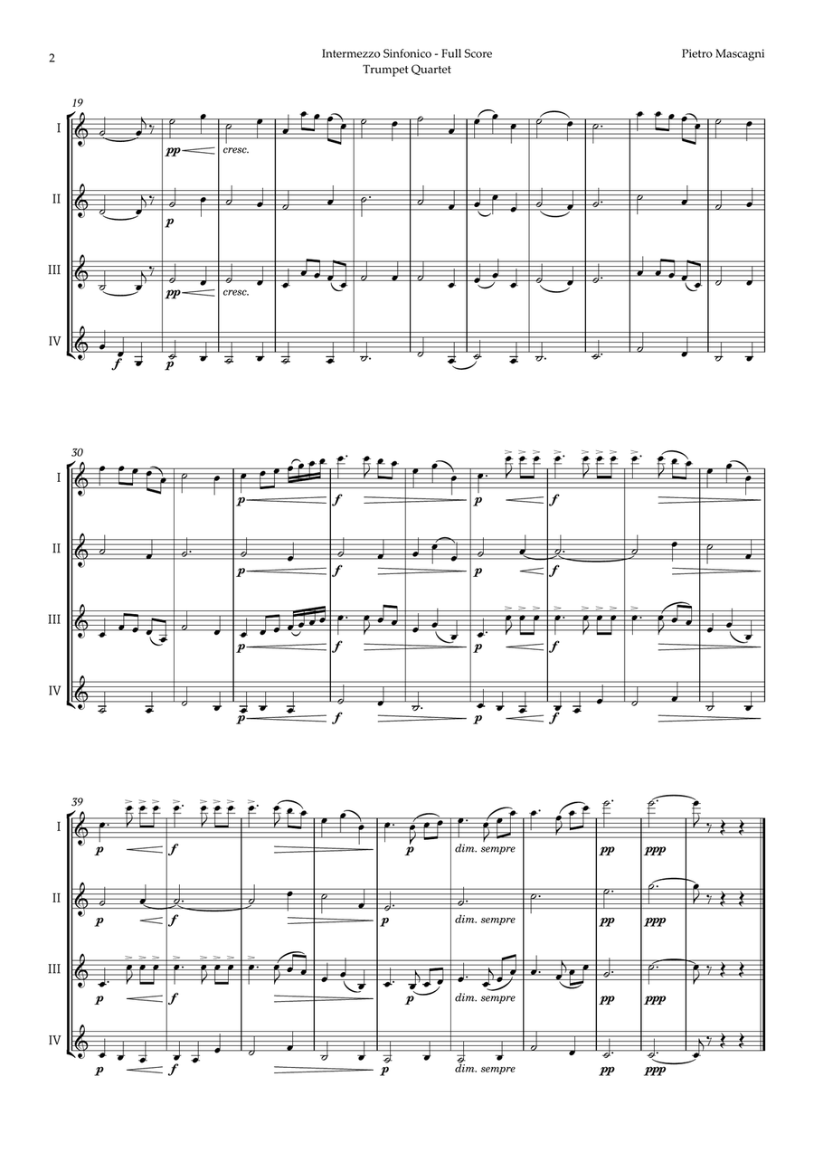 Intermezzo Sinfonico by Pietro Mascagni for Trumpet Quartet Brass Quartet scores gallery preview page 2