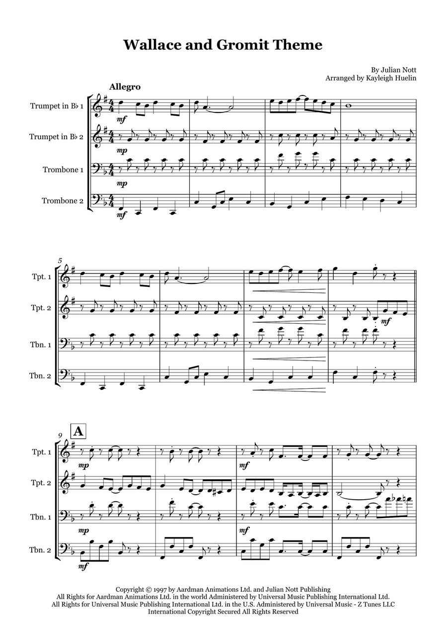 Wallace And Gromit Theme Brass Quartet scores gallery preview page 1