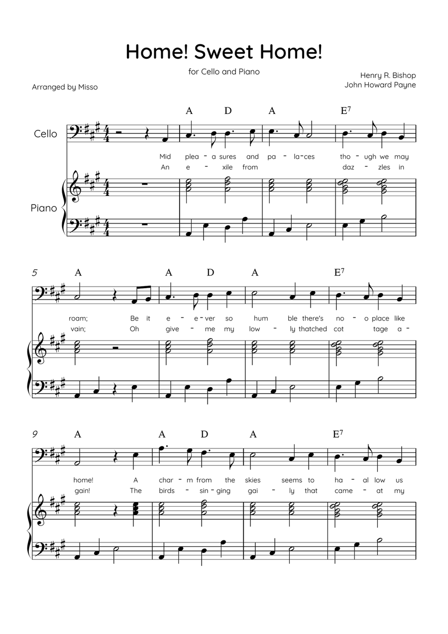 Home! Sweet Home! - Cello and Piano in A Major - Lyrics & Chords - Easy Level Sheet Music Piano scores gallery preview page 1