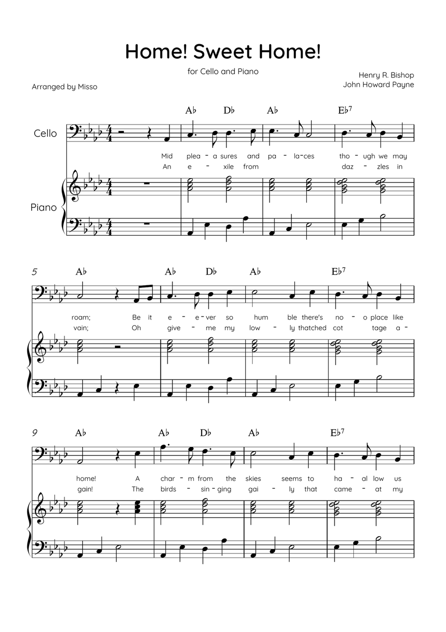 Home! Sweet Home! - Cello and Piano in Ab Major - Lyrics & Chords - Easy Level Sheet Music Piano scores gallery preview page 1