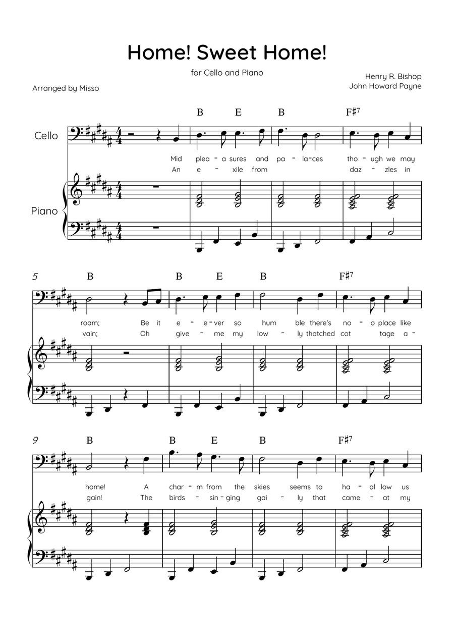 Home! Sweet Home! - Cello and Piano in B Major - Lyrics & Chords - Easy Level Sheet Music Piano scores gallery preview page 1