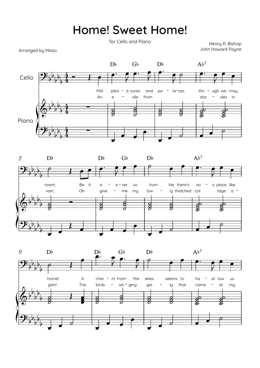 Home! Sweet Home! - Cello and Piano in Db Major - Lyrics & Chords - Easy Level Sheet Music Piano scores gallery preview page 1