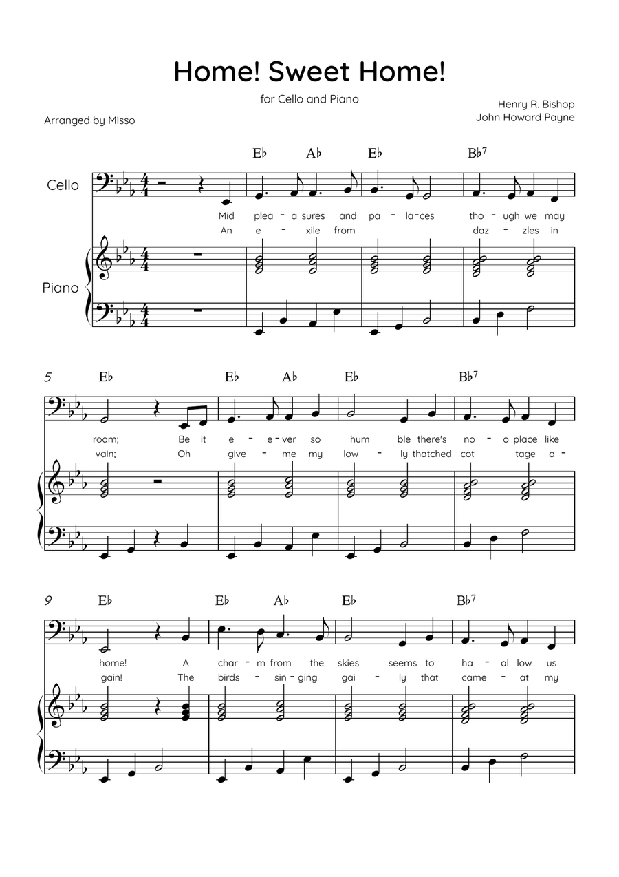 Home! Sweet Home! - Cello and Piano in Eb Major - Lyrics & Chords - Easy Level Sheet Music Piano scores gallery preview page 1