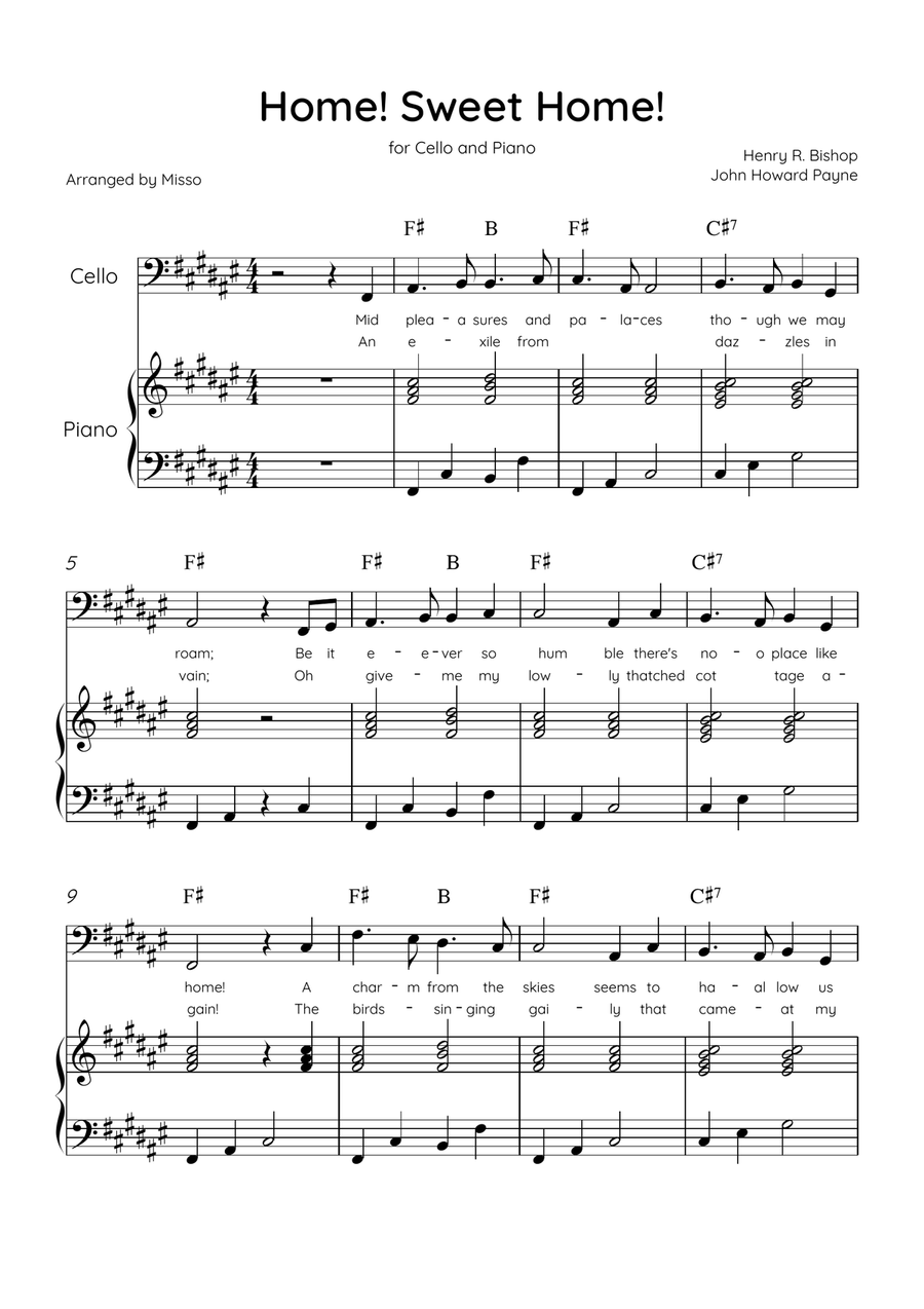 Home! Sweet Home! - Cello and Piano in F# Major - Lyrics & Chords - Easy Level Sheet Music Piano scores gallery preview page 1
