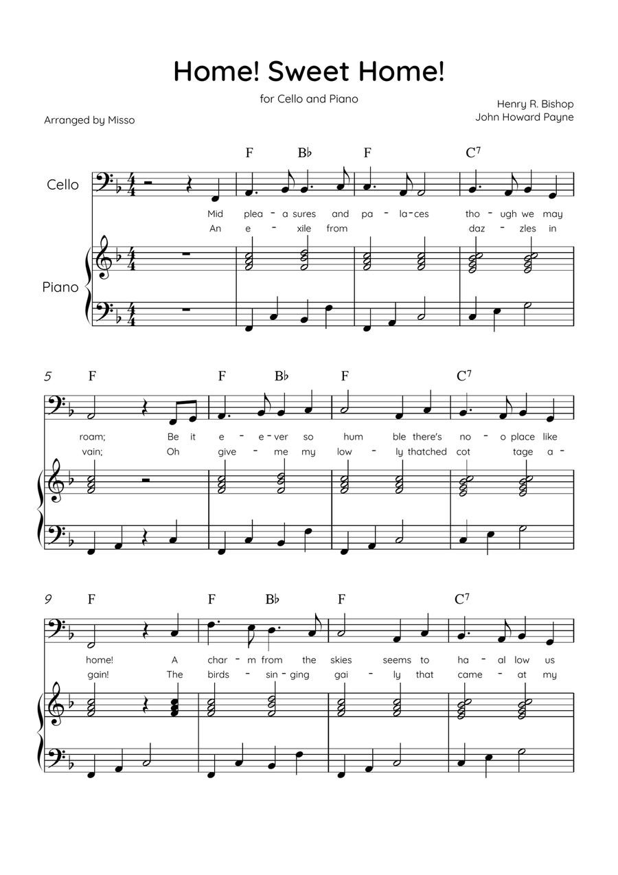 Home! Sweet Home! - Cello and Piano in F Major - Lyrics & Chords - Easy Level Sheet Music Piano scores gallery preview page 1