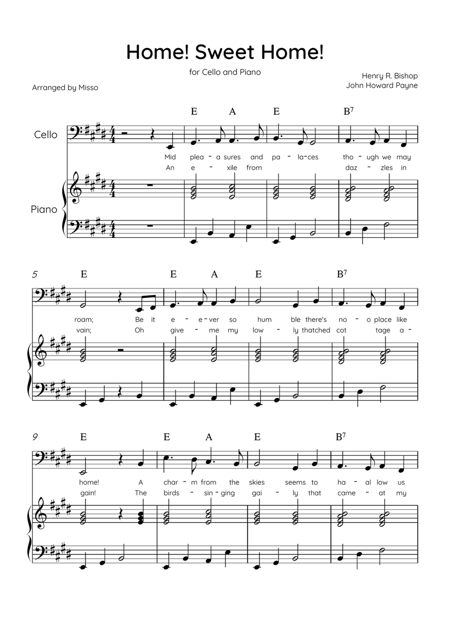 Home! Sweet Home! - Cello and Piano in E Major - Lyrics & Chords - Easy Level Sheet Music Piano scores gallery preview page 1
