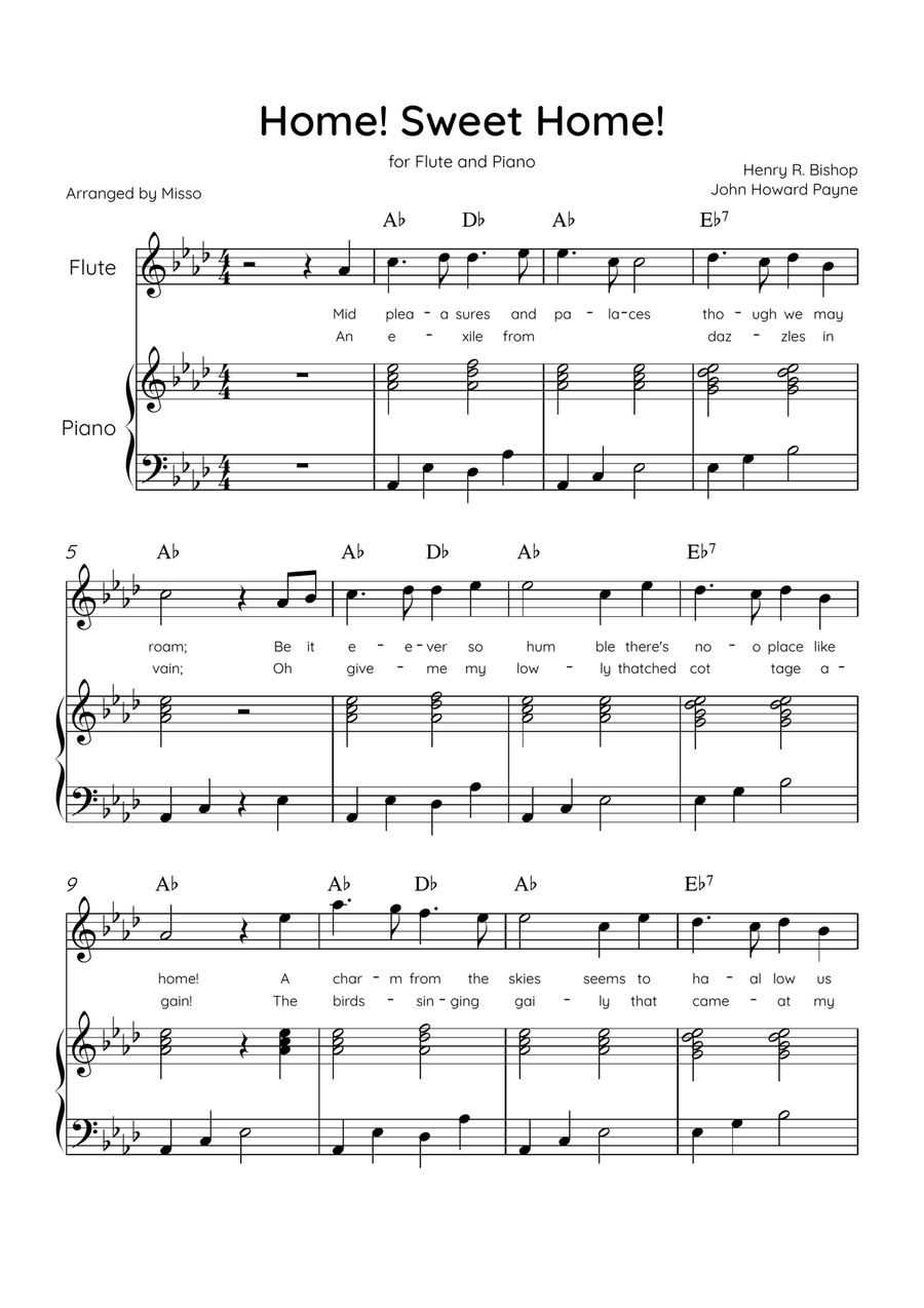 Home! Sweet Home! - Flute and Piano in Ab Major - Lyrics & Chords - Easy Level Sheet Music Flute scores gallery preview page 1