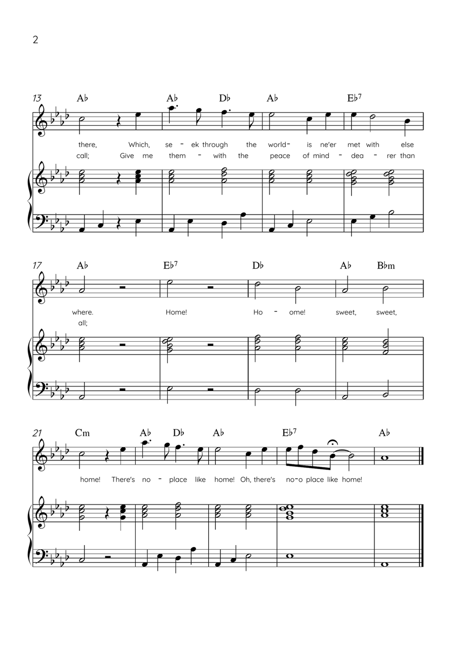 Home! Sweet Home! - Flute and Piano in Ab Major - Lyrics & Chords - Easy Level Sheet Music Flute scores gallery preview page 2