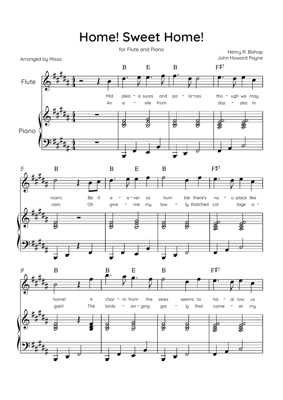 Home! Sweet Home! - Flute and Piano in B Major - Lyrics & Chords - Easy Level Sheet Music Flute scores gallery preview page 1
