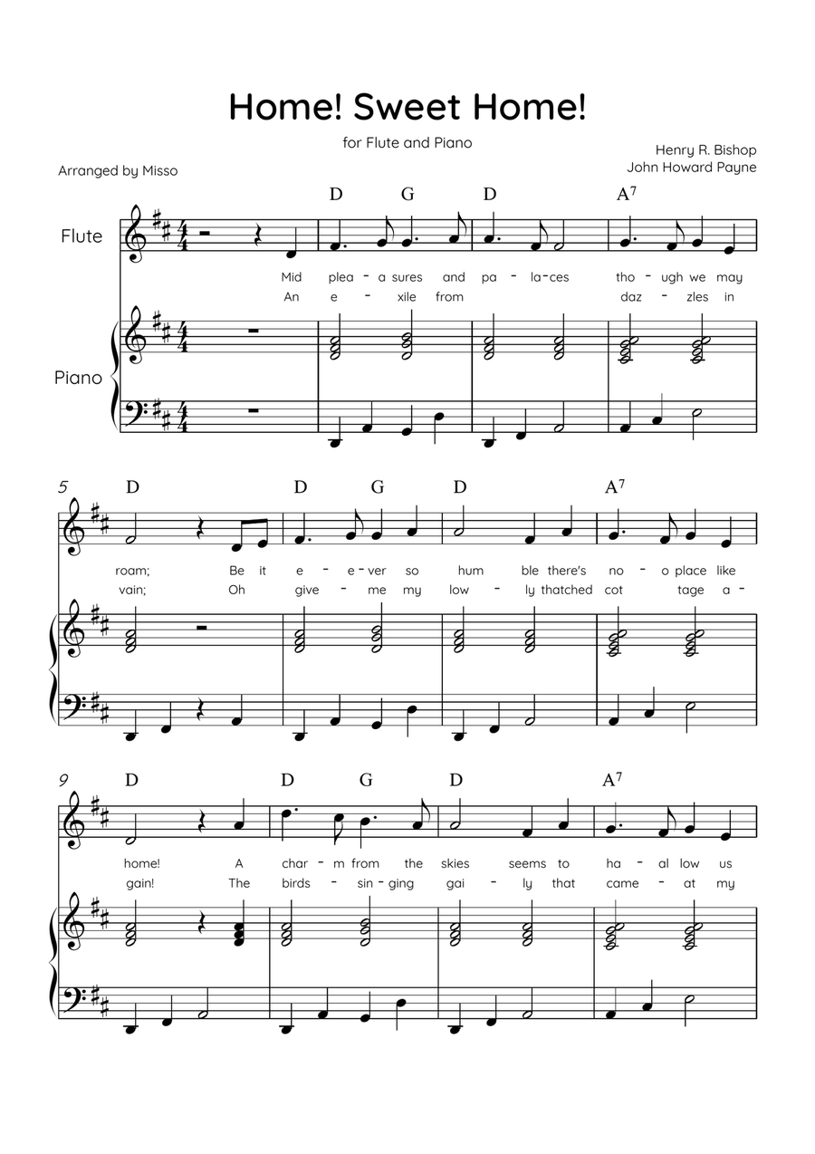 Home! Sweet Home! - Flute and Piano in D Major - Lyrics & Chords - Easy Level Sheet Music Flute scores gallery preview page 1
