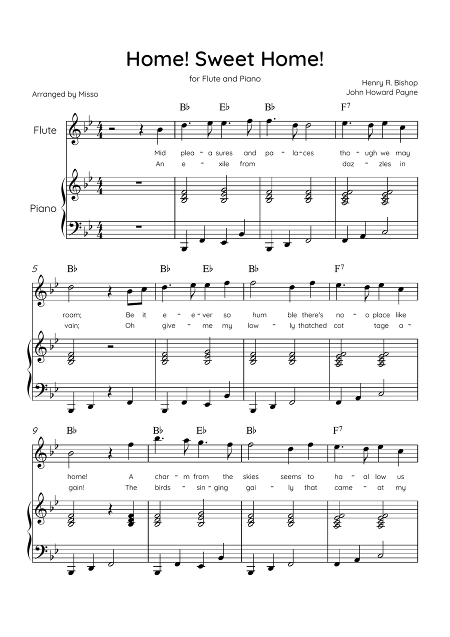 Home! Sweet Home! - Flute and Piano in Bb Major - Lyrics & Chords - Easy Level Sheet Music Flute scores gallery preview page 1