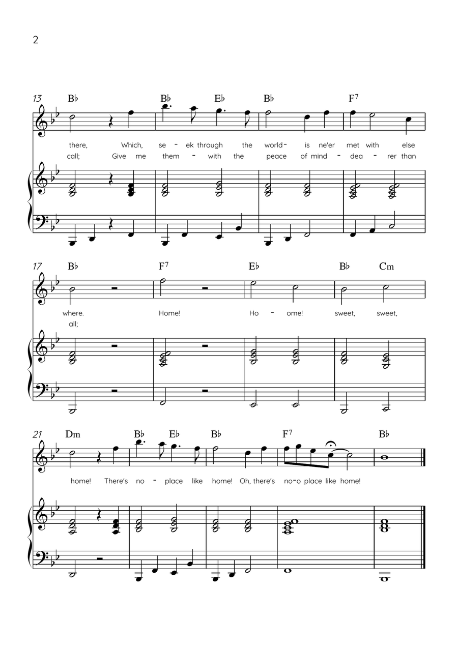 Home! Sweet Home! - Flute and Piano in Bb Major - Lyrics & Chords - Easy Level Sheet Music Flute scores gallery preview page 2