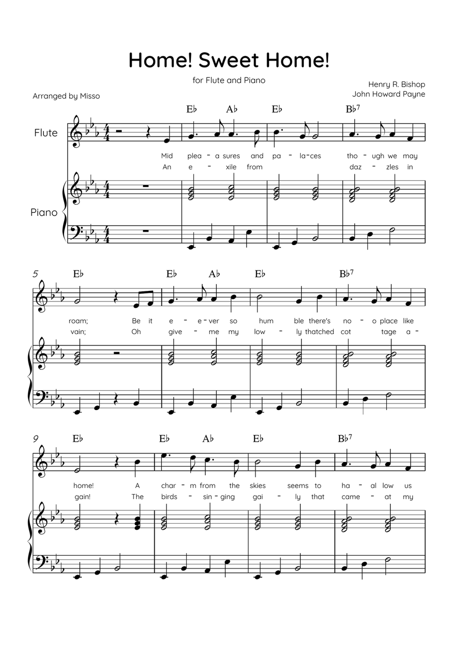 Home! Sweet Home! - Flute and Piano in Eb Major - Lyrics & Chords - Easy Level Sheet Music Flute scores gallery preview page 1