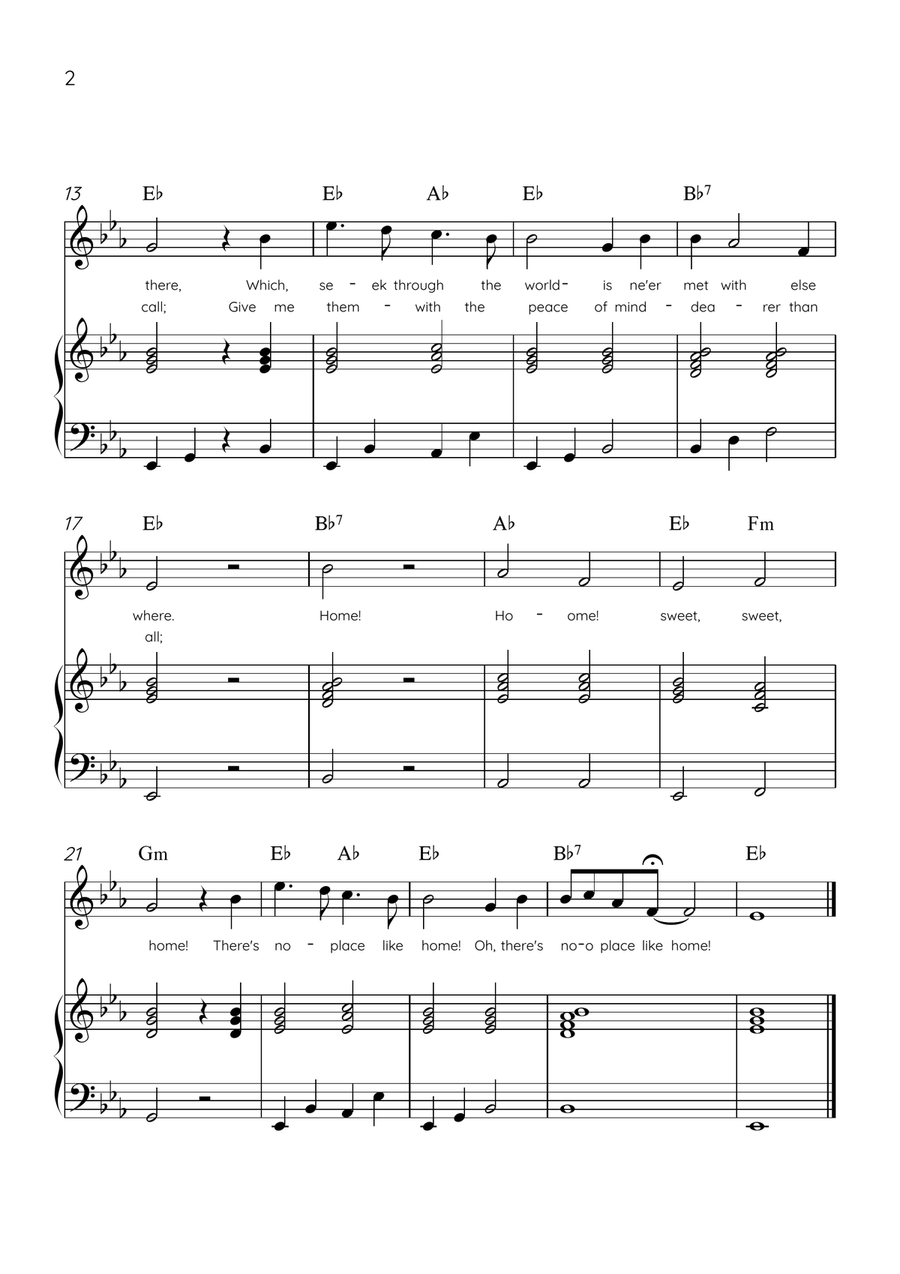 Home! Sweet Home! - Flute and Piano in Eb Major - Lyrics & Chords - Easy Level Sheet Music Flute scores gallery preview page 2
