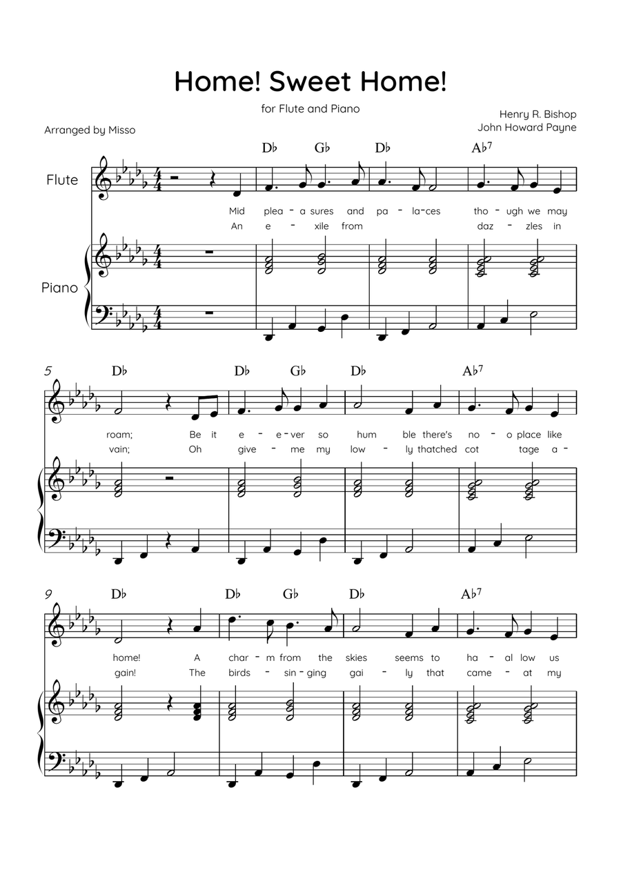 Home! Sweet Home! - Flute and Piano in Db Major - Lyrics & Chords - Easy Level Sheet Music Flute scores gallery preview page 1