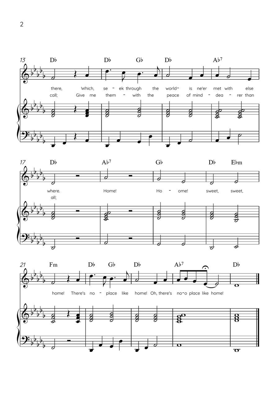 Home! Sweet Home! - Flute and Piano in Db Major - Lyrics & Chords - Easy Level Sheet Music Flute scores gallery preview page 2