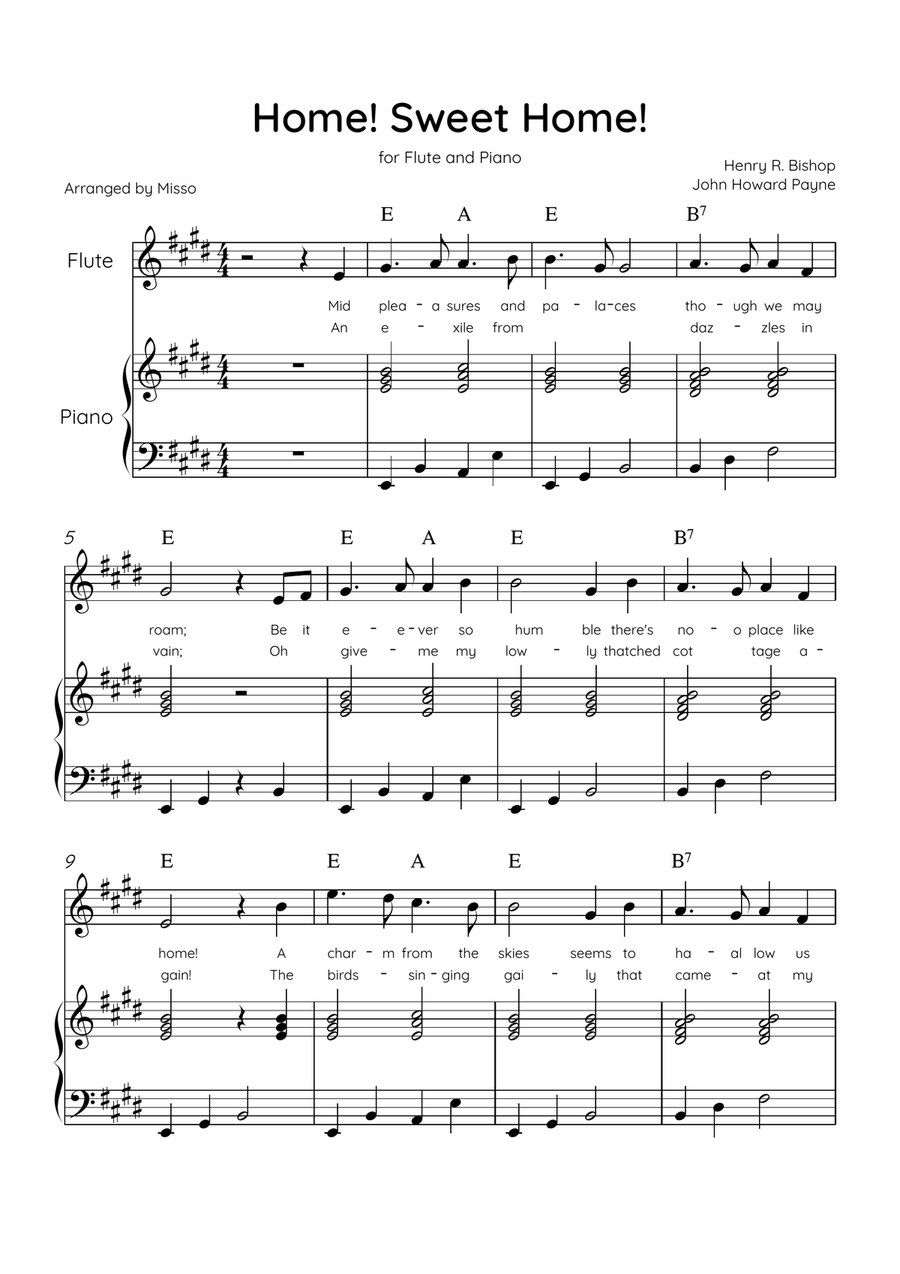 Home! Sweet Home! - Flute and Piano in E Major - Lyrics & Chords - Easy Level Sheet Music Flute scores gallery preview page 1