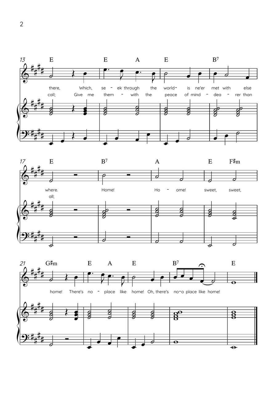 Home! Sweet Home! - Flute and Piano in E Major - Lyrics & Chords - Easy Level Sheet Music Flute scores gallery preview page 2