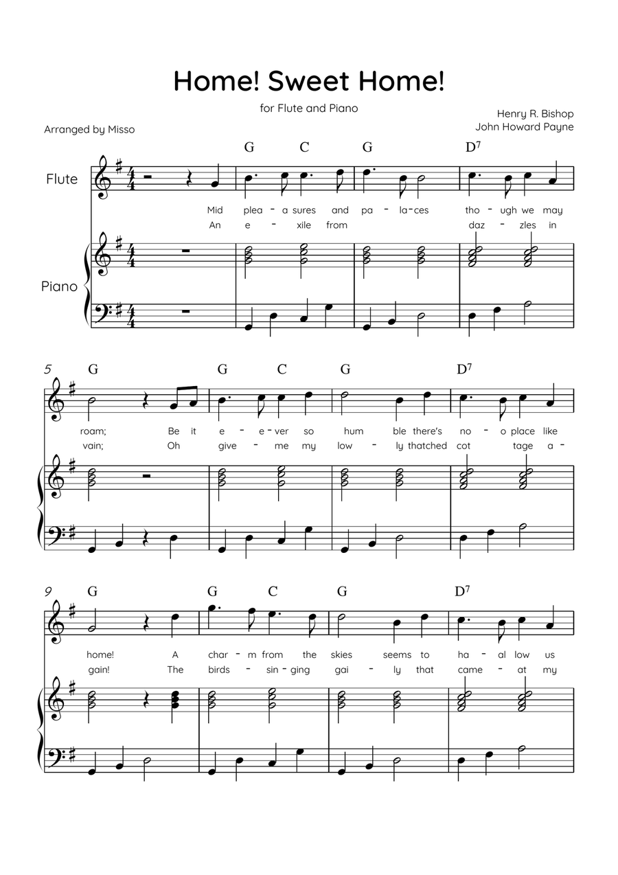 Home! Sweet Home! - Flute and Piano in G Major - Lyrics & Chords - Easy Level Sheet Music Flute scores gallery preview page 1