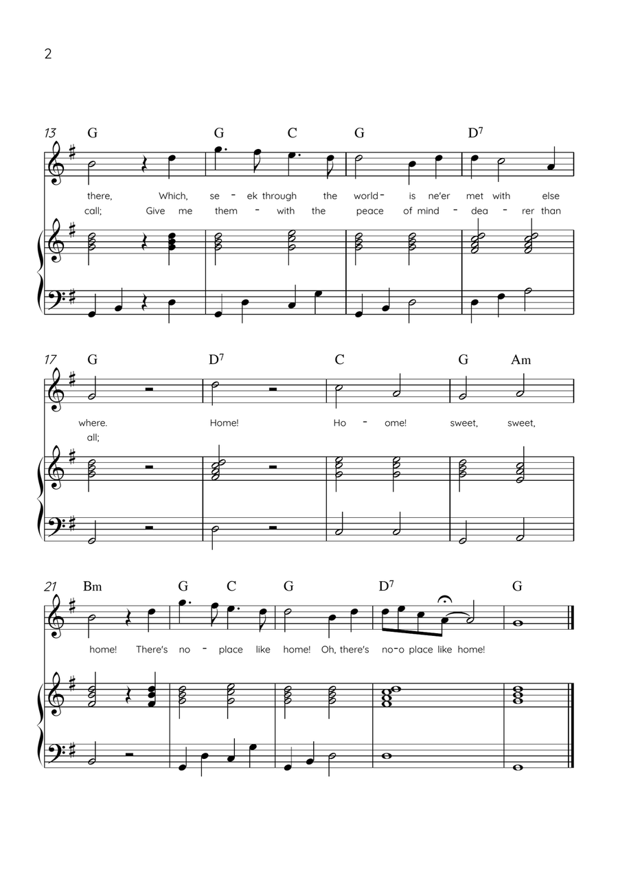 Home! Sweet Home! - Flute and Piano in G Major - Lyrics & Chords - Easy Level Sheet Music Flute scores gallery preview page 2