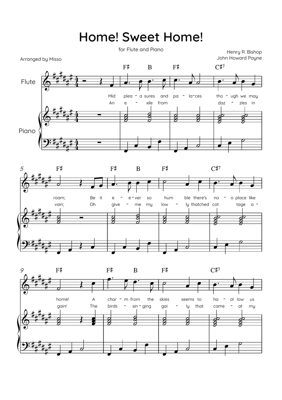 Home! Sweet Home! - Flute and Piano in F# Major - Lyrics & Chords - Easy Level Sheet Music Flute scores gallery preview page 1