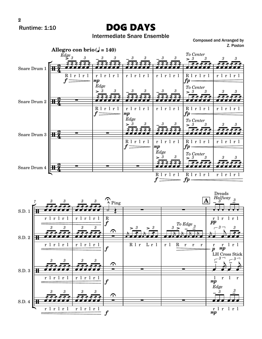 Dog Days | Intermediate Snare Ensemble Percussion Ensemble scores gallery preview page 2