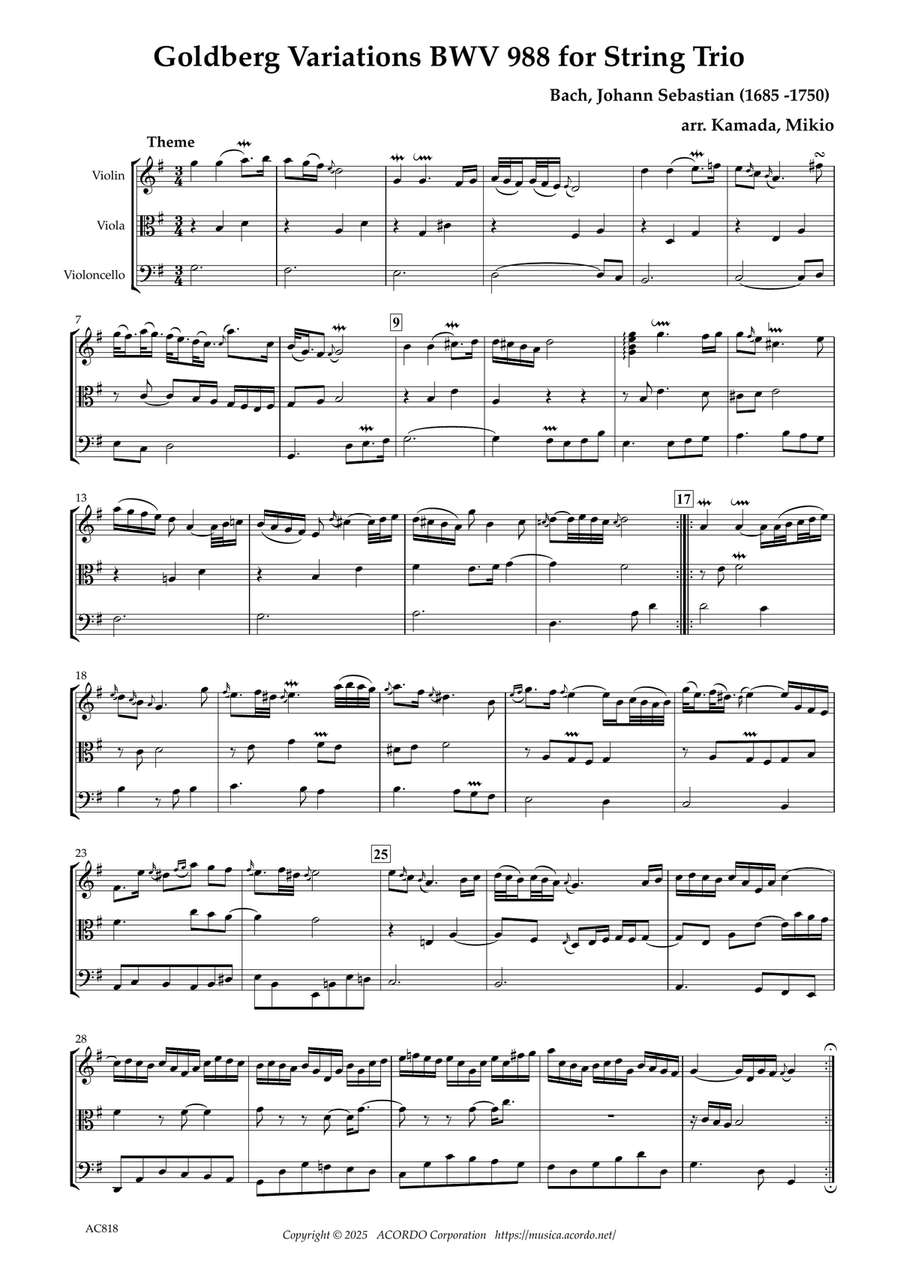 Goldberg Variations BWV 988 for String Trio String Trio scores gallery preview page 1