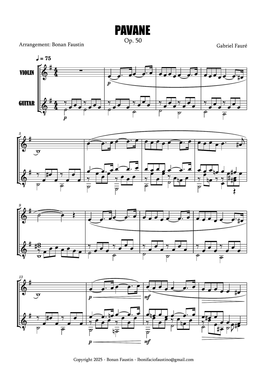 PAVANE OP. 50 [GABRIEL FAURÉ] FOR VIOLIN AND GUITAR String Duet scores gallery preview page 2